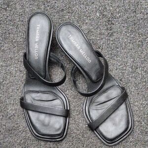 Tamara Mellon Black Leather Double-Strap Slide Mules